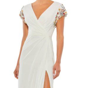 MAC DUGGAL EMBELLISHED CAP SLEEVE JERSEY STRETCH WRAP WHITE GOWN SZ 6